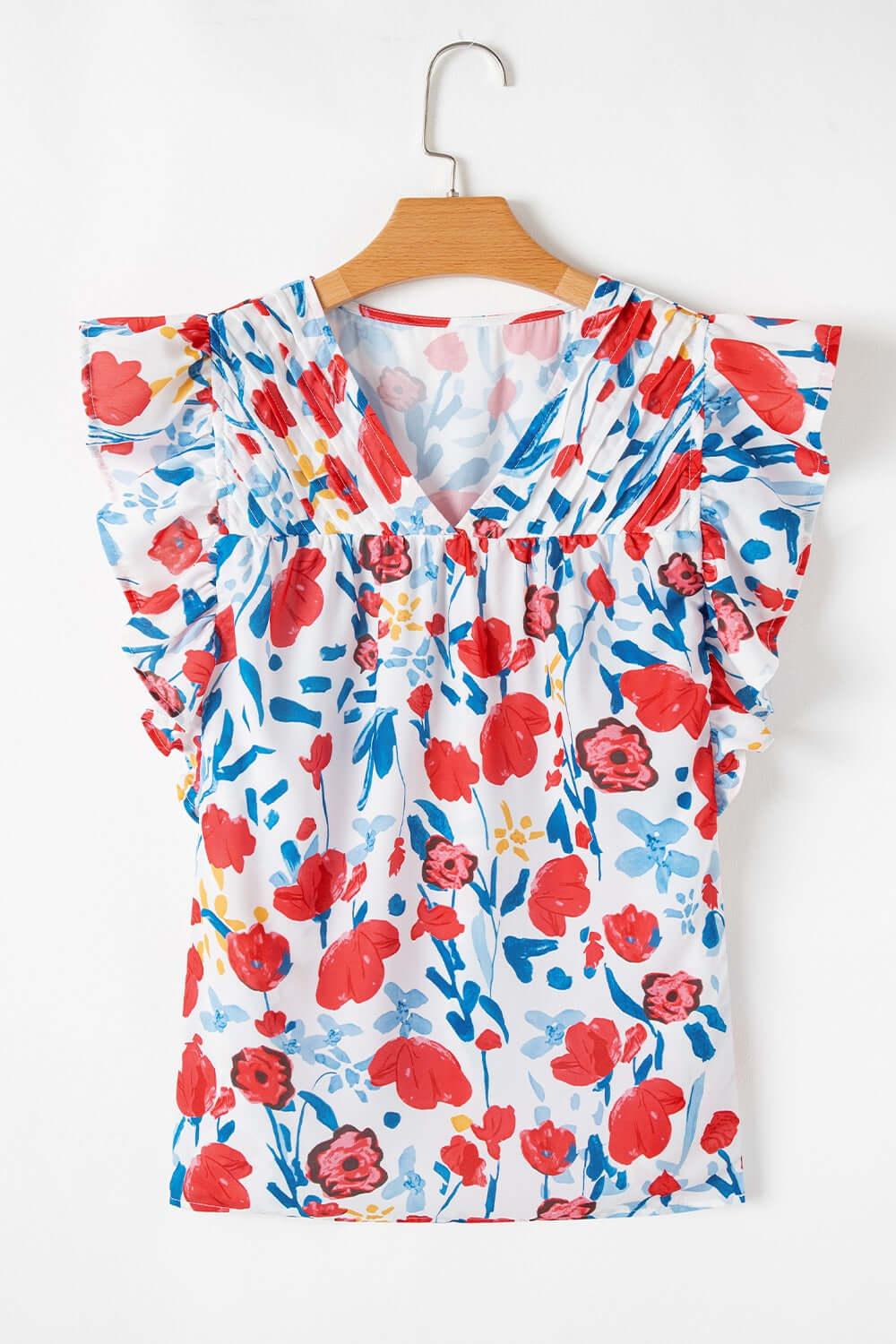 Ruffled Printed V-Neck Cap Sleeve Blouse