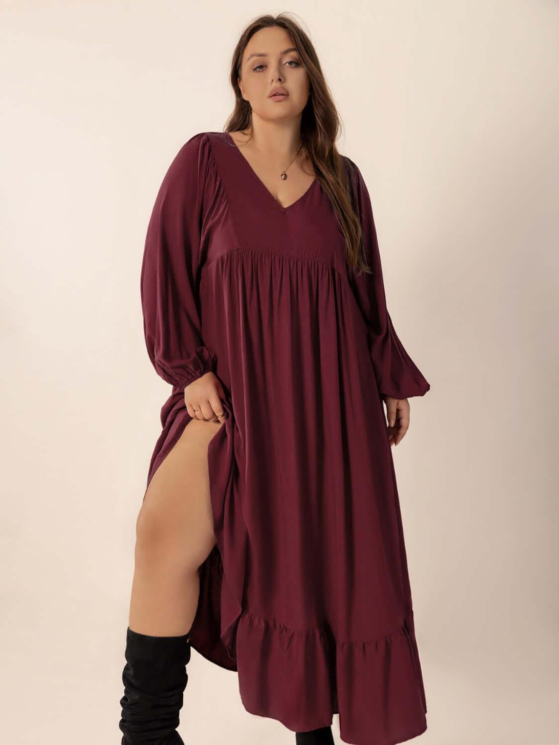 Plus Size Ruffled Hem V-Neck Balloon Sleeve Dress - Clothes For Her Online Store