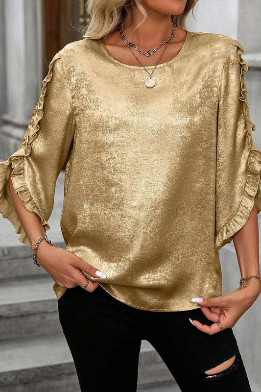 Metallic Luster Round Neck Frill 3/4 Sleeve Blouse