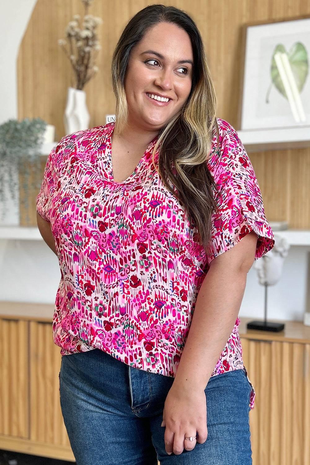 Double Take Full Size Printed V-Neck Short Sleeve Blouse - Clothes For Her Online Store