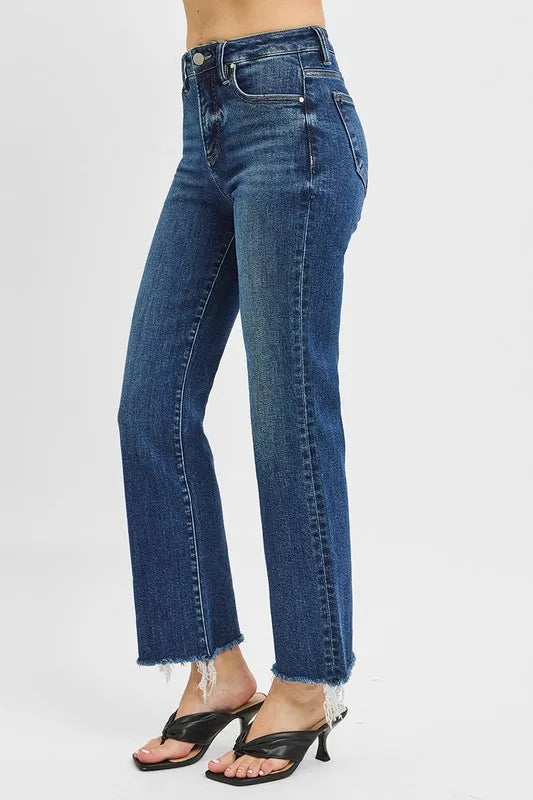 RISEN Tummy Control High Rise Crop Straight Raw Cut Hem Jeans