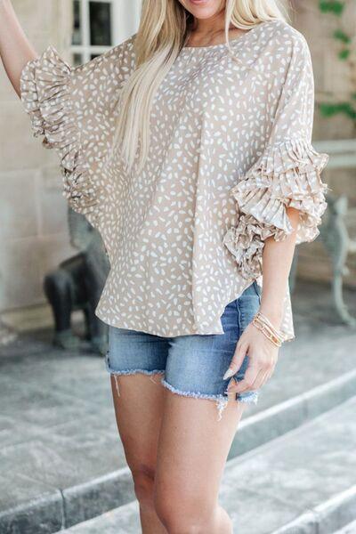 Printed Round Neck Ruffled Half Sleeve Blouse