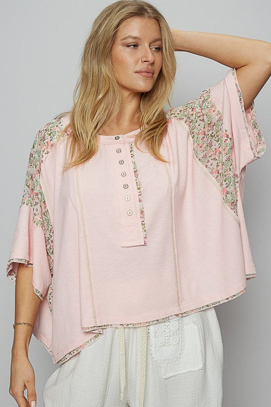 POL Floral Print Contrast Stitching Half Button Top