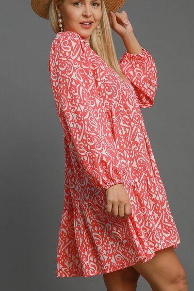 Umgee Full Size Two Tone Print Balloon Sleeve Tiered Dress Plus Size - Clothes For Her Online Store