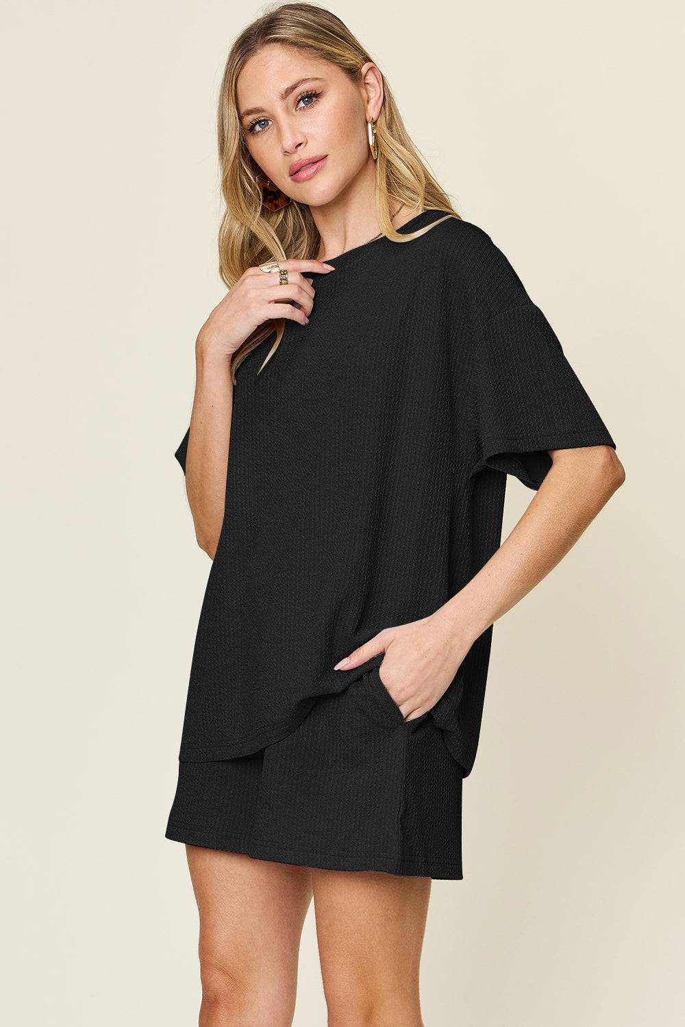 Double Take Basic style Round Neck Solid Set - Clothes For Her Online Store