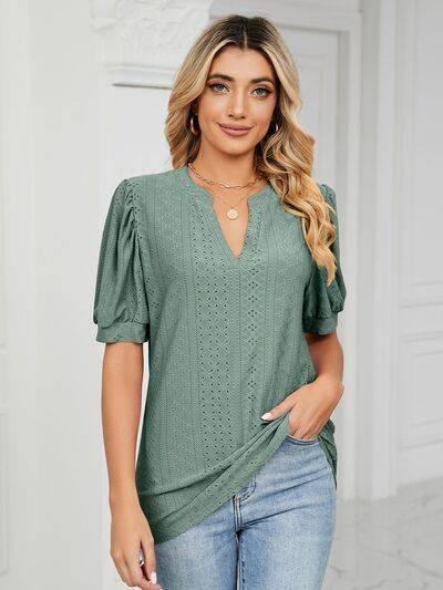 Florira Eyelet Notched Short Sleeve T-Shirt