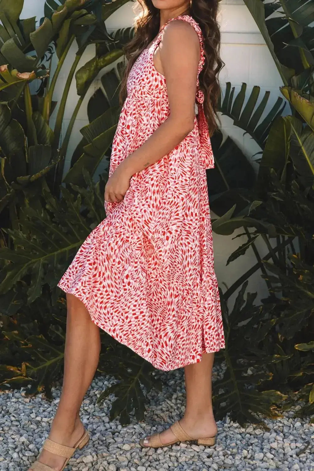 Geometric Print Knot Back Sleeveless Ruffle Hem Dress