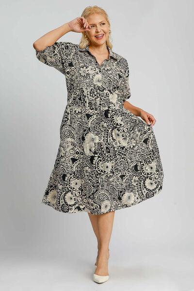 Umgee Full Size Printed Smocked Cuff Puff Sleeve Midi Dress Plus Size