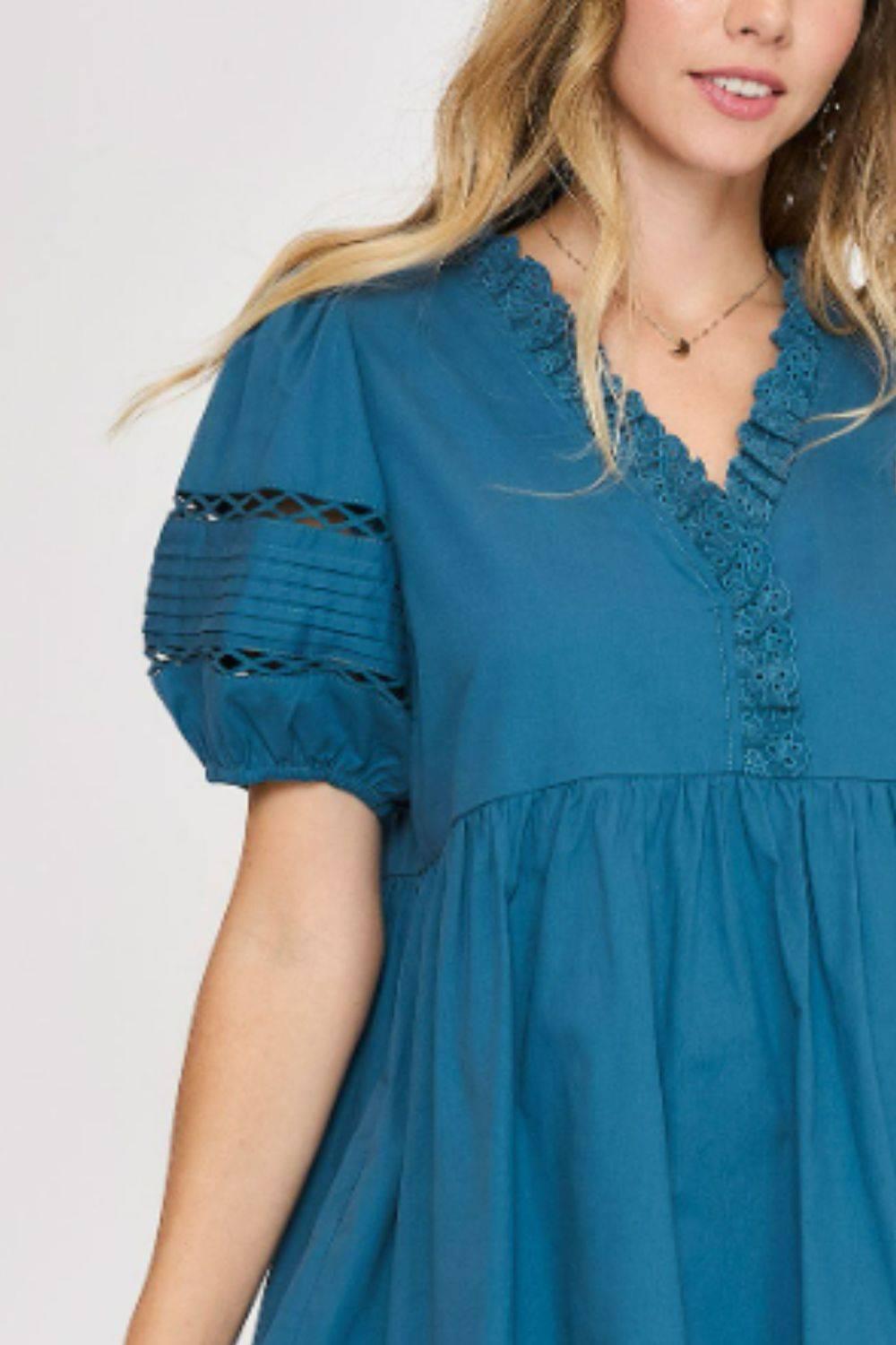 Umgee USA Full Size Lace Detail Puff Sleeve Mini Dress Plus Size - Clothes For Her Online Store