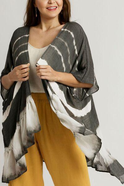 Umgee Full Size Tie Dye Back String Tie Open Front Kimono Sleeve Cover Up Plus Size