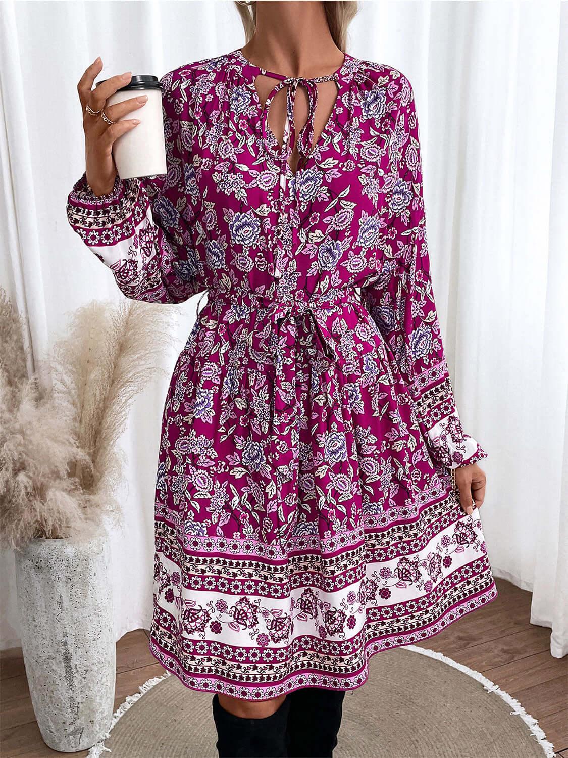 Honey Floral Tie Neck Balloon Sleeve Dress