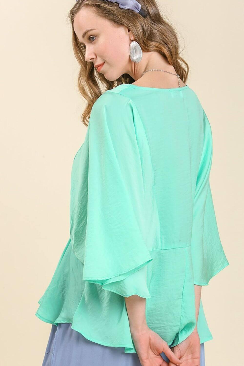 Umgee Full Size Satin Pleated Round Neck Kimono Sleeve Blouse Plus Size