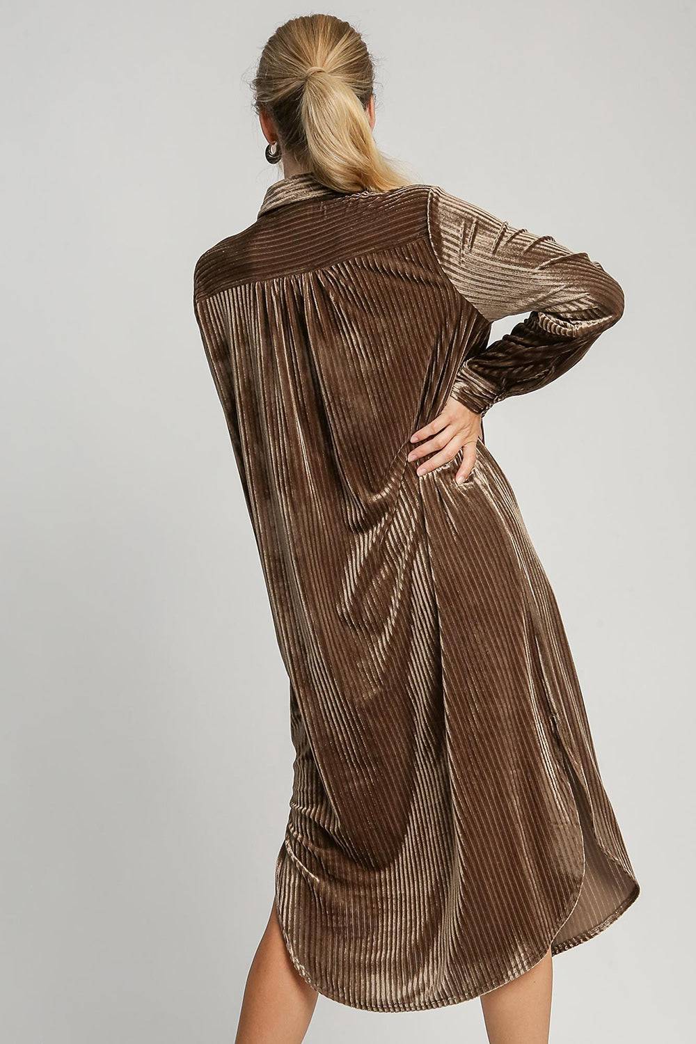Umgee Texture Curved Hem Button Down Shirt Dress - Clothes For Her Online Store