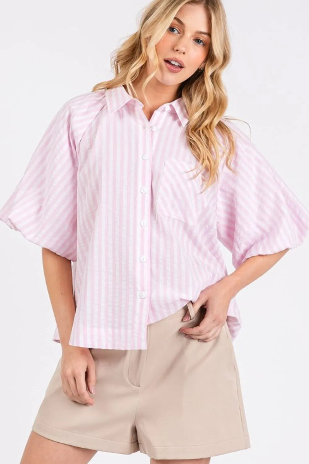 Mittoshop Button Down Striped Puff Sleeve Shirt