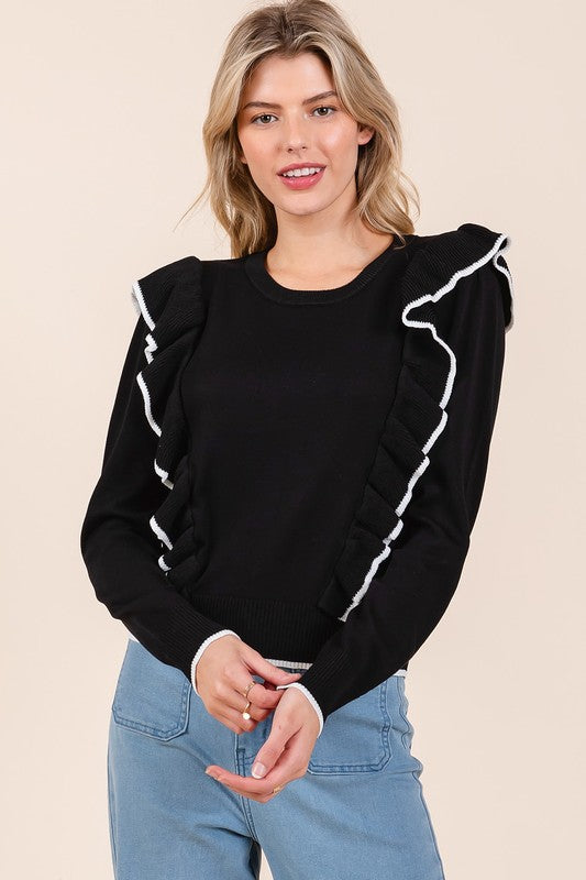 Mittoshop Contrast Trim Ruffled Round Neck Knit Top - Clothes For Her Online Store