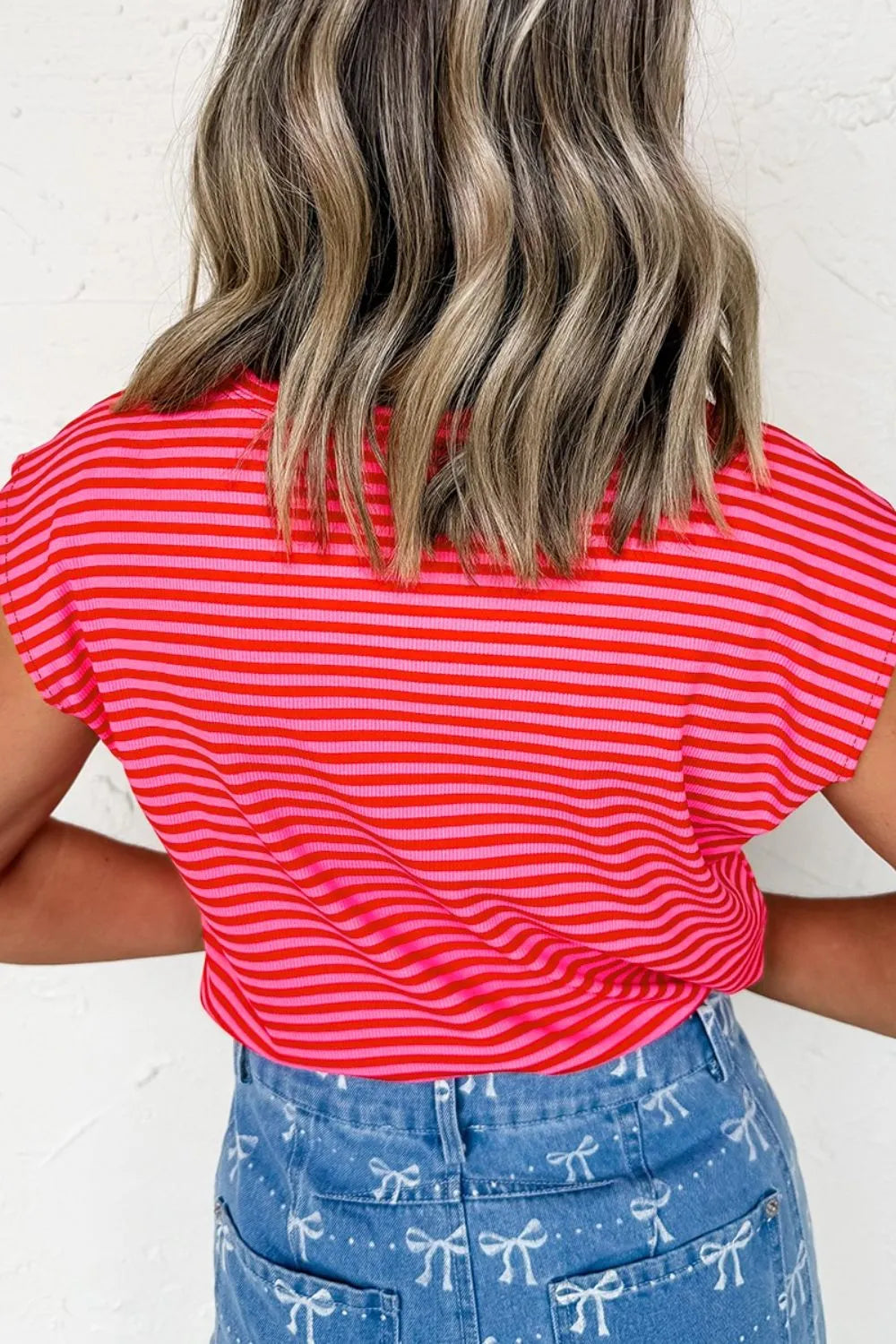 Stripe Ribbed Cap Sleeve Round Neck T Shirt