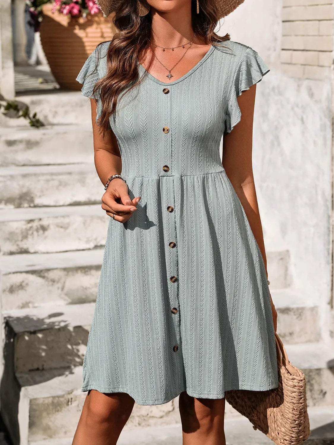 V-Neck Ruffled Cap Sleeve Dress