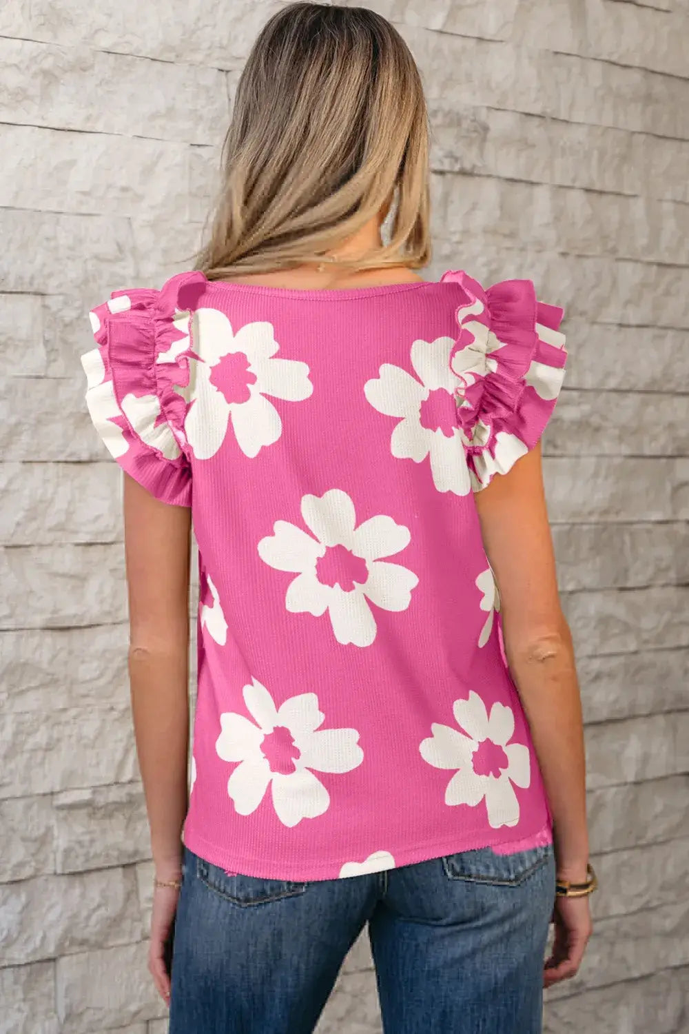 Flower Round Neck Ruffled Sleeve Top