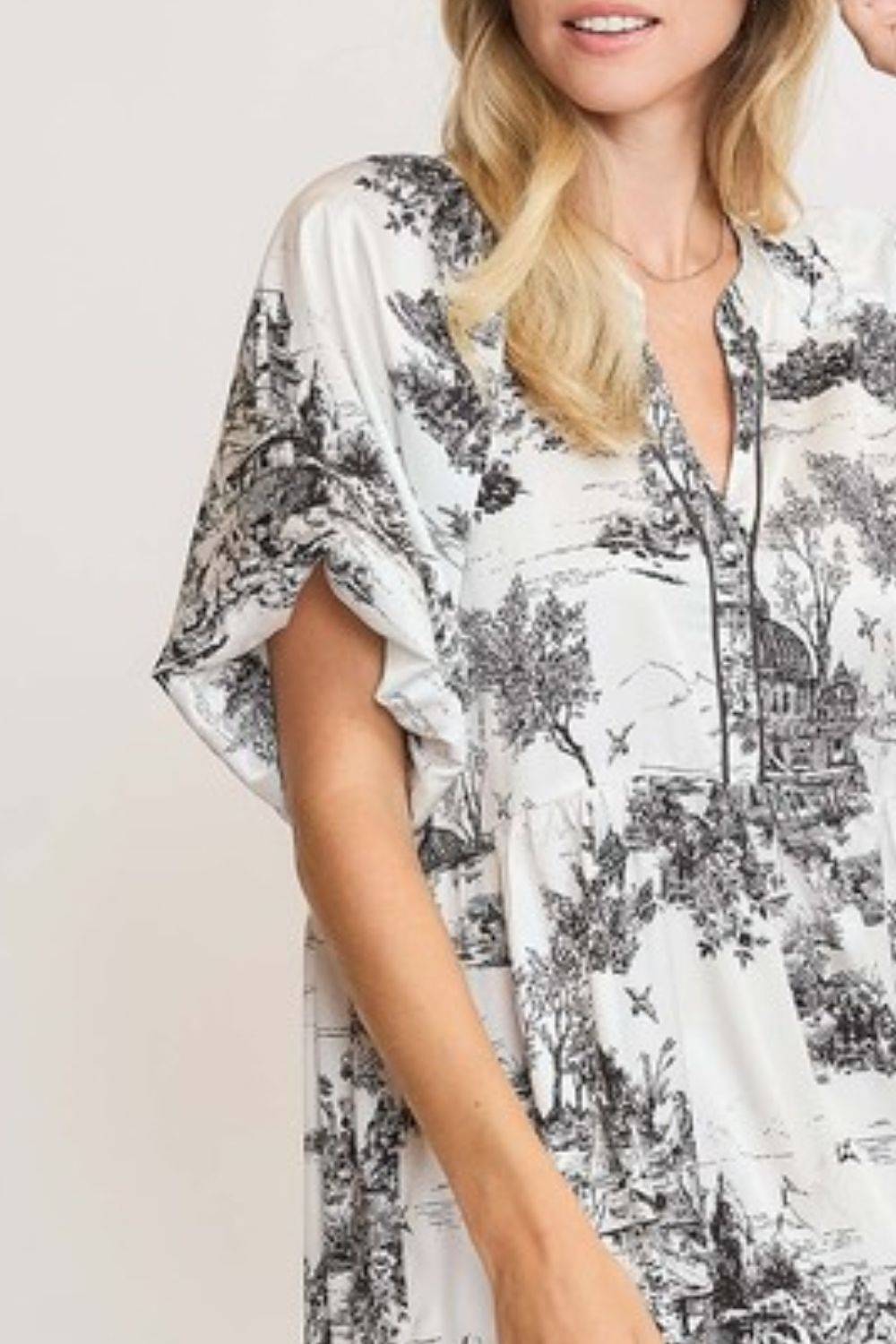 Umgee Full Size Two Tone Landscape Print Dress Plus Size - Clothes For Her Online Store