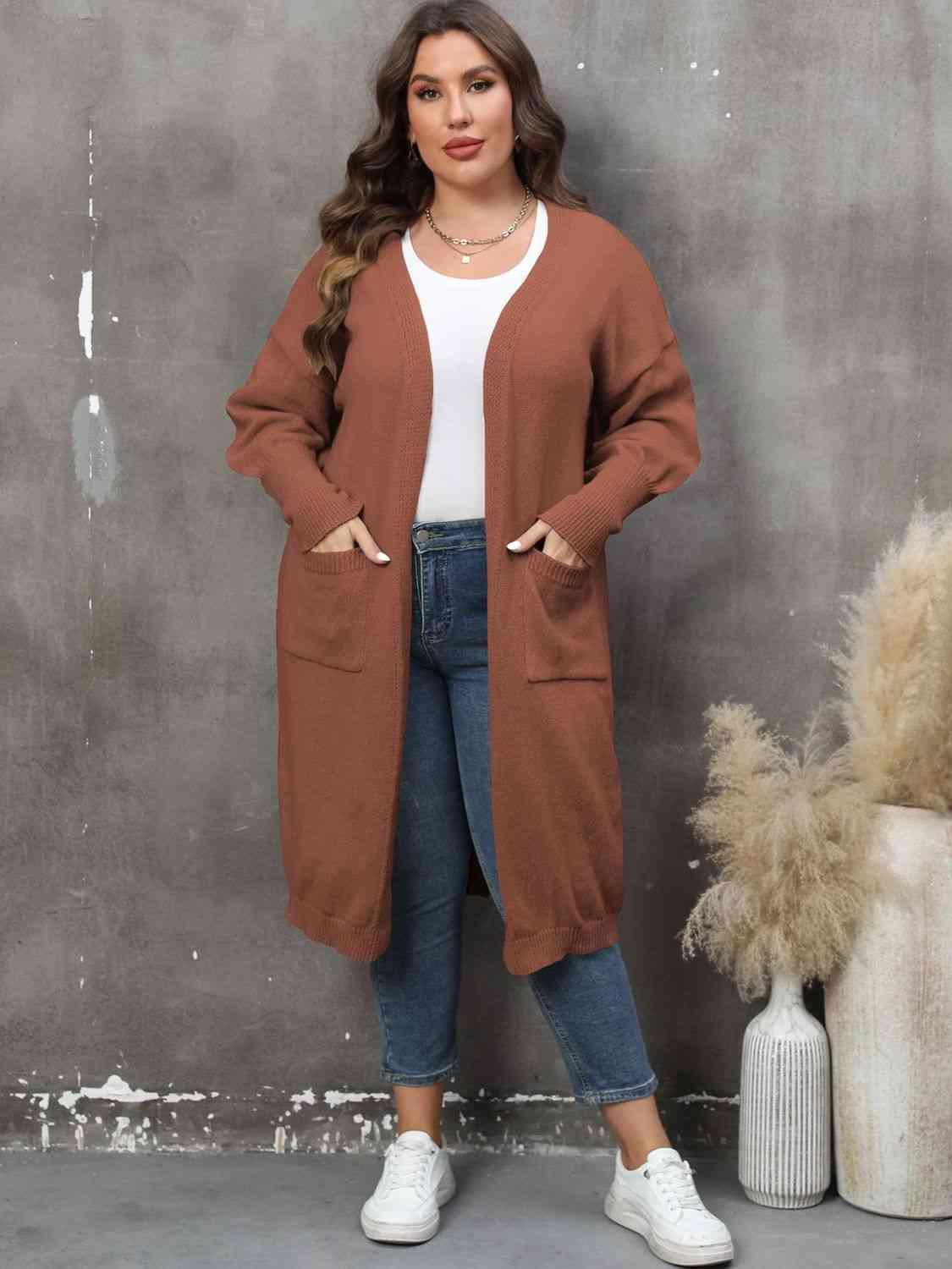 Plus Size Long Sleeve Pocketed Cardigan - Clothes For Her Online Store