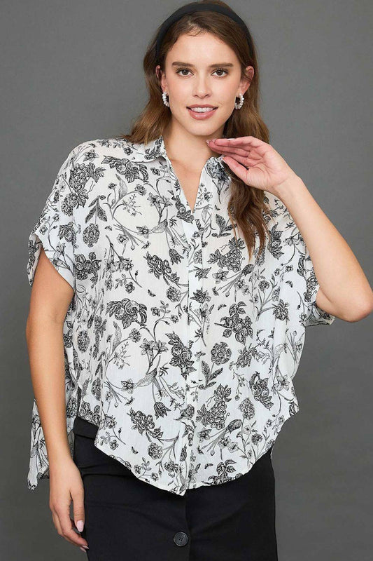 Umgee Full Size Two Tone Floral Print Top Plus Size - Clothes For Her Online Store