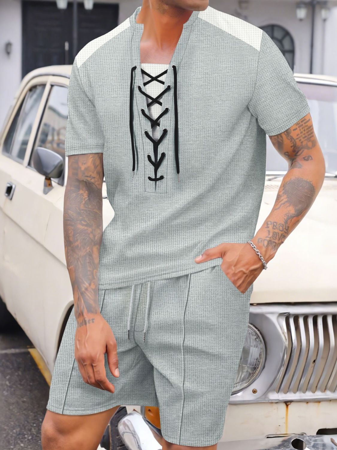 Men's Full Size Lace-Up Waffle Knit Top and Shorts Set Plus Size - Clothes For Her Online Store
