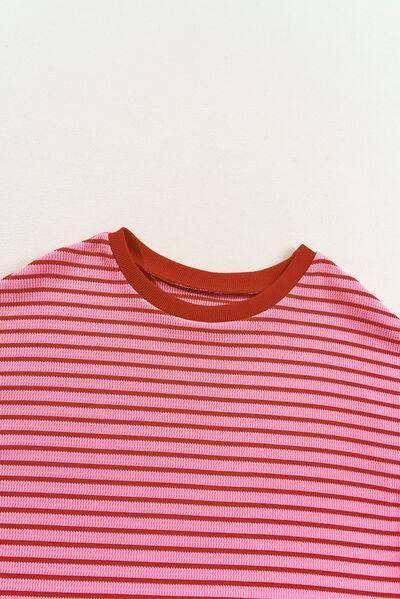 Contrast Striped Round Neck Short Sleeve T-Shirt