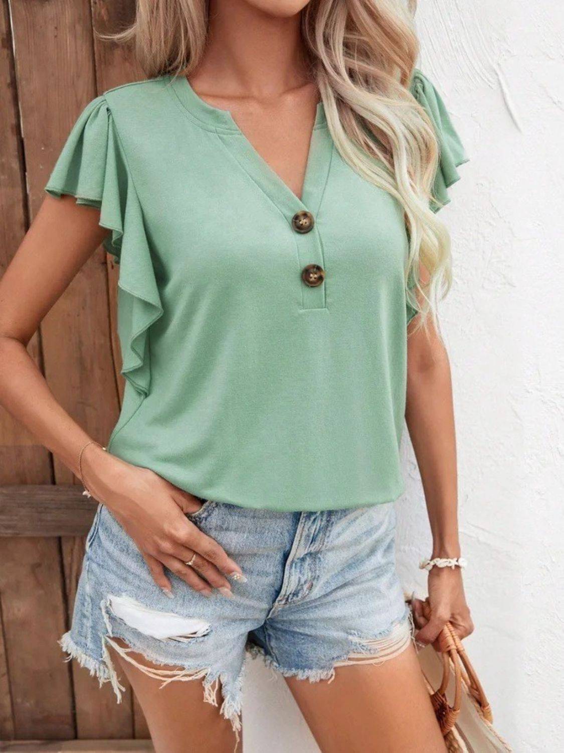 Full Size Ruffled Notched Cap Sleeve T-Shirt - Clothes For Her Online Store