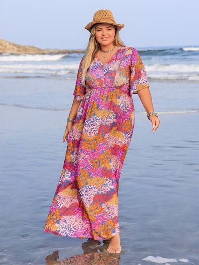 Plus Size Printed V-Neck Half Sleeve Maxi Dress