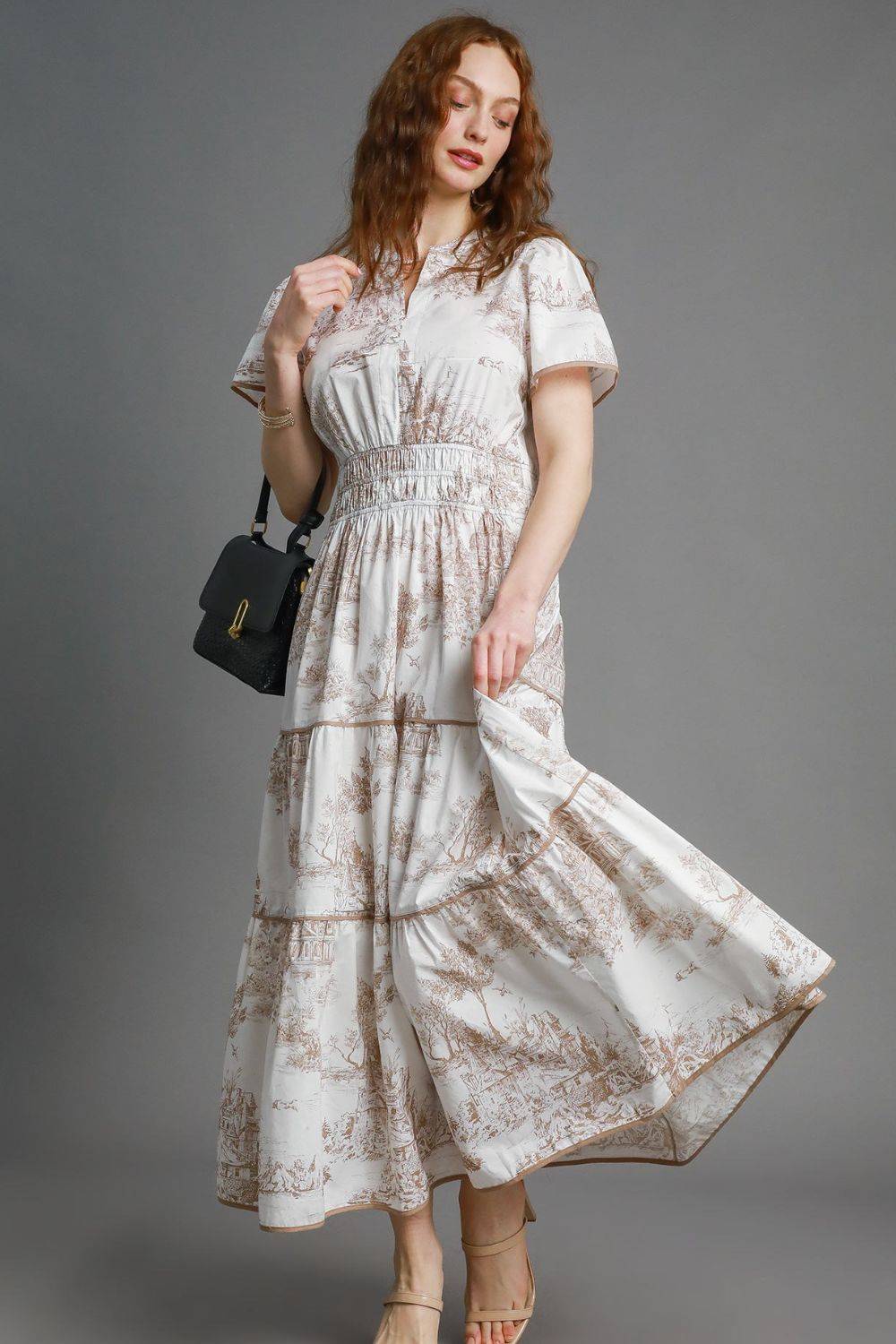 Umgee Full Size Landscape Print Short Sleeve Tiered Maxi Dress Plus Size - Clothes For Her Online Store