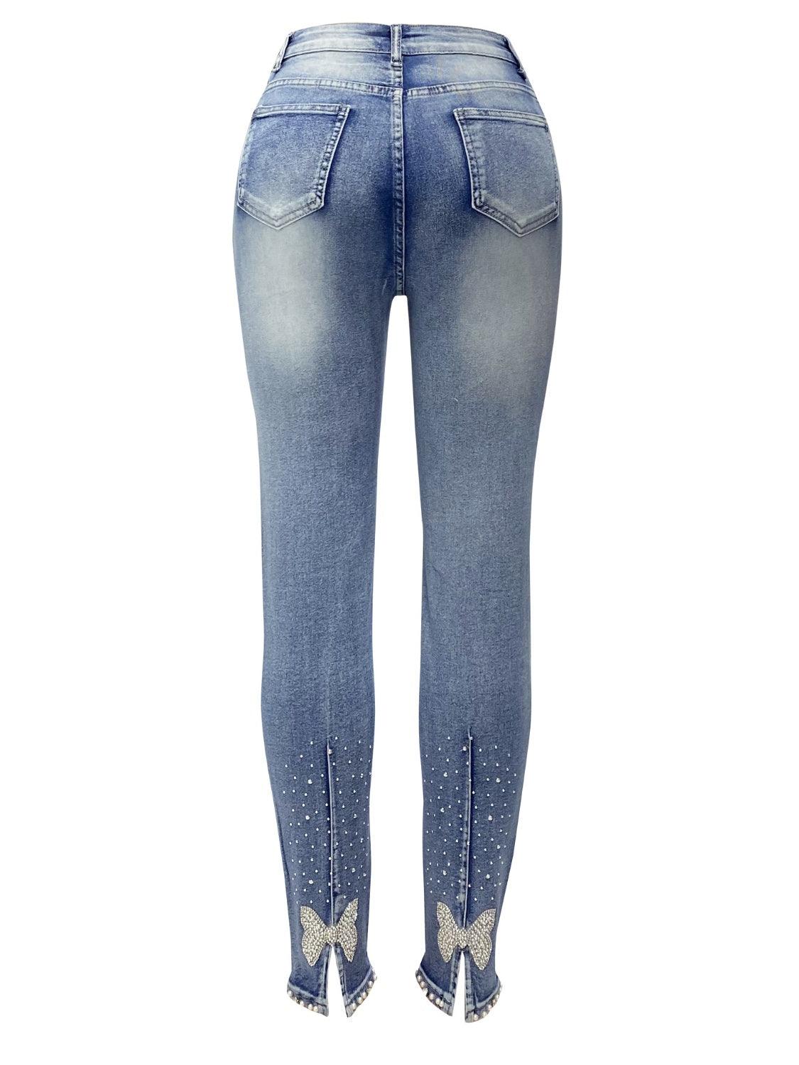 Rhinestone Skinny Jeans with Pockets - Clothes For Her Online Store