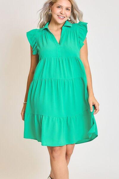 Umgee Full Size Johnny Collar Ruffle Cap Sleeve Tiered Dress Plus Size