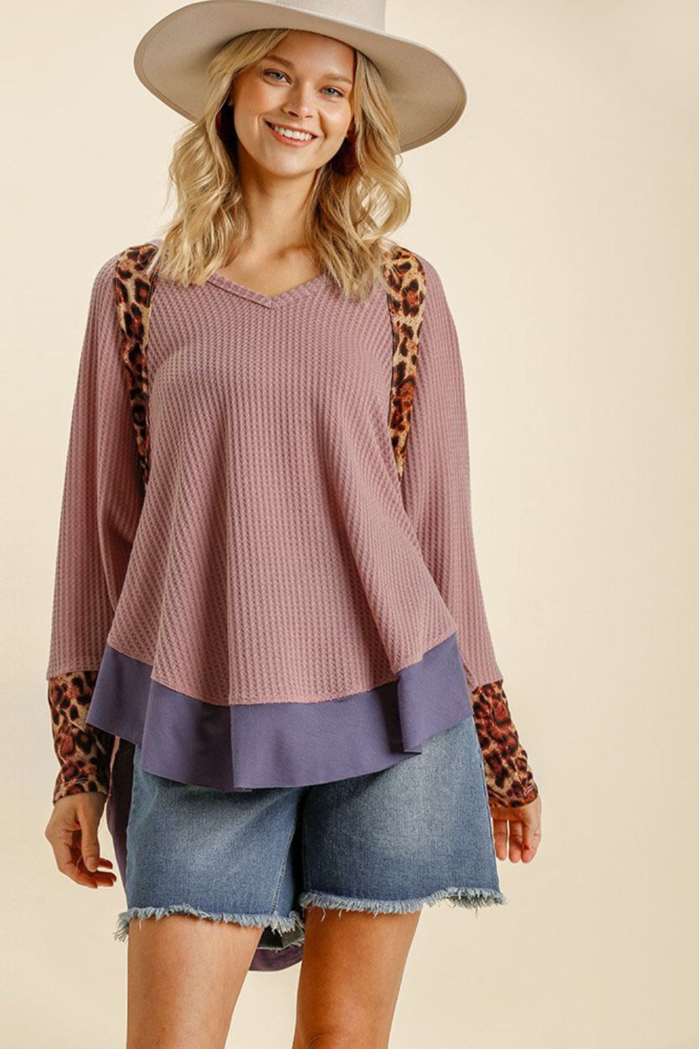 Umgee Full Size Leopard High-Low Dolman Sleeve Waffle Knit Top Plus Size - Clothes For Her Online Store