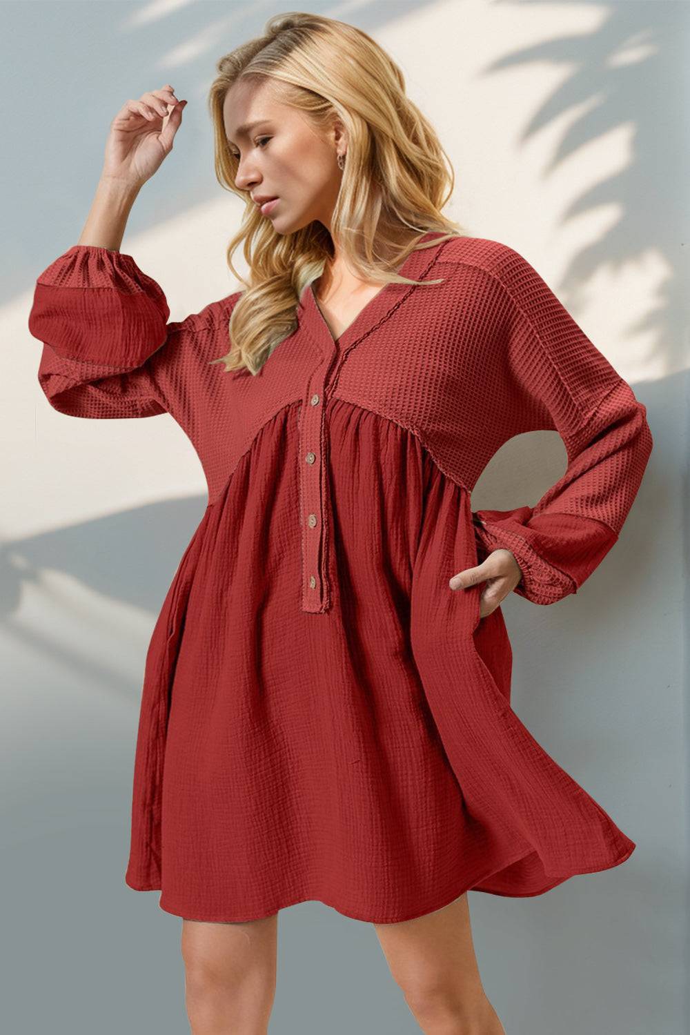Double Take Waffle-Knit Contrast Half Button V-Neck Long Sleeve Mini Dress - Clothes For Her Online Store