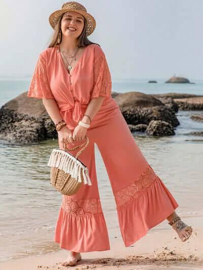 Plus Size Button Up Half Sleeve Top and Pants Set - Clothes For Her Online Store