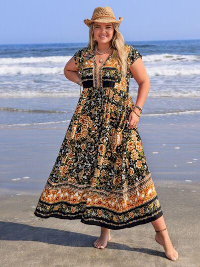 Plus Size Printed V-Neck Ruffle Cap Sleeve Maxi Dress