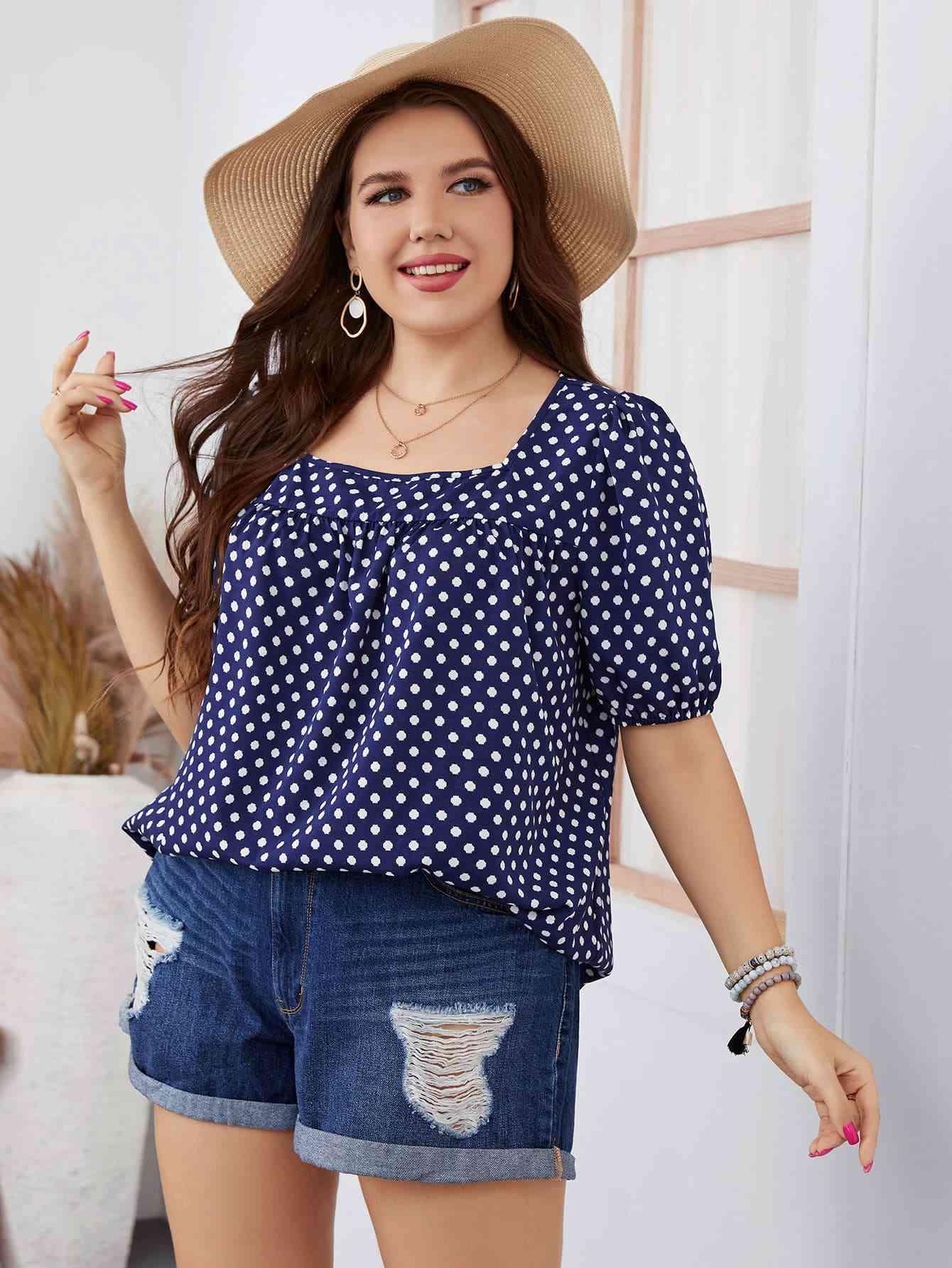 Honey Plus Size Polka Dot Square Neck Blouse - Clothes For Her Online Store