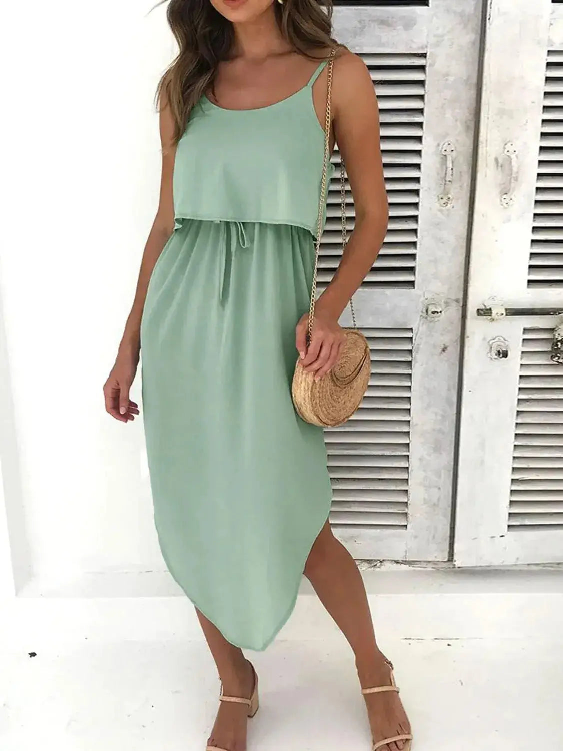 Tied Side Slit Midi Cami Dress - Clothes For Her Online Store