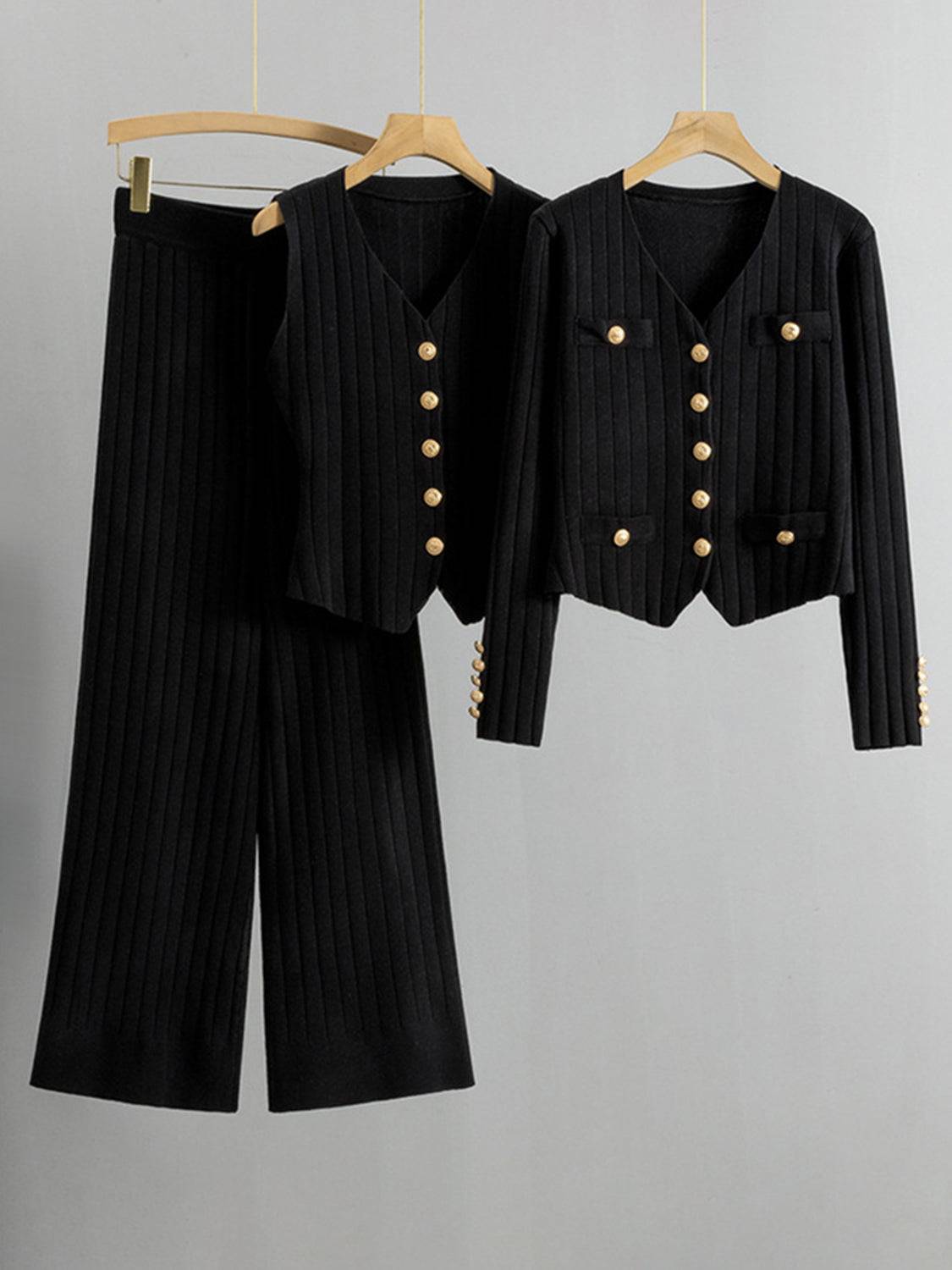 V-Neck Tank, Cardigan and Pants Three-Piece Sweater Set - Clothes For Her Online Store