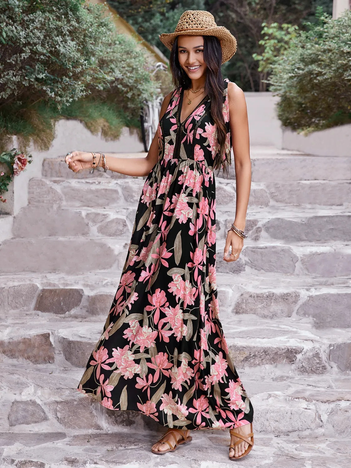 Printed V-Neck Tie Shoulder Dress