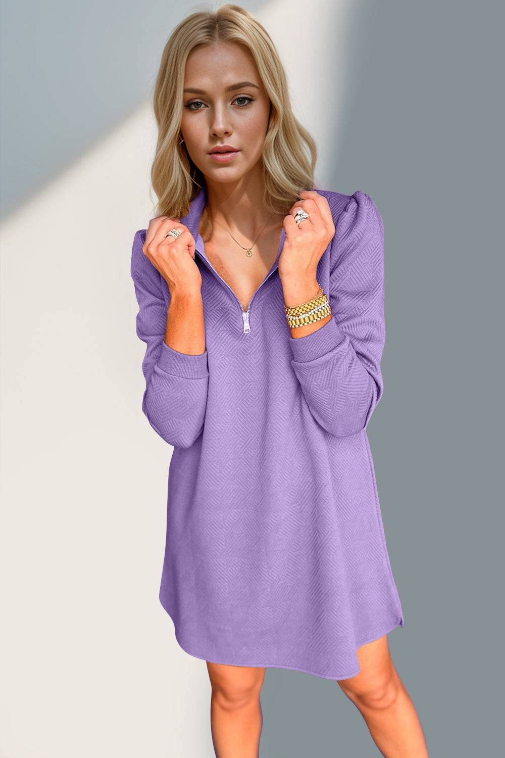 Double Take Textured Quarter Zip Long Sleeve Dress - Clothes For Her Online Store