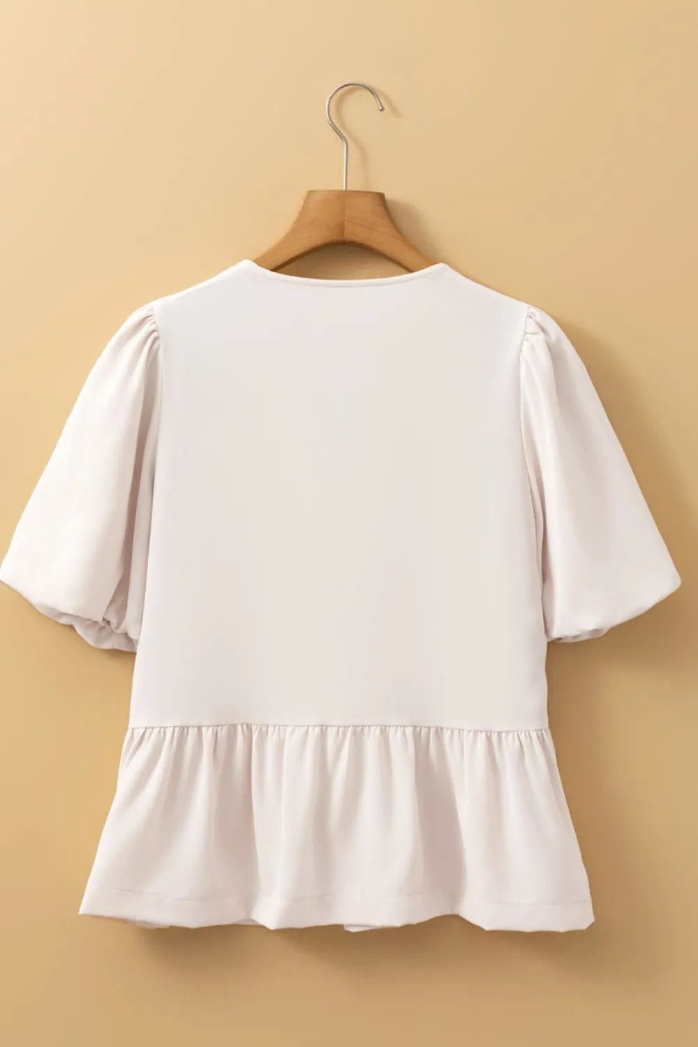 Bow Tie Short Puff Sleeve Ruffle Hem Blouse