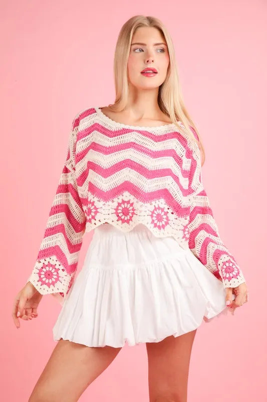 VERY J Chevron/Floral Pattern Crochet Knit Top