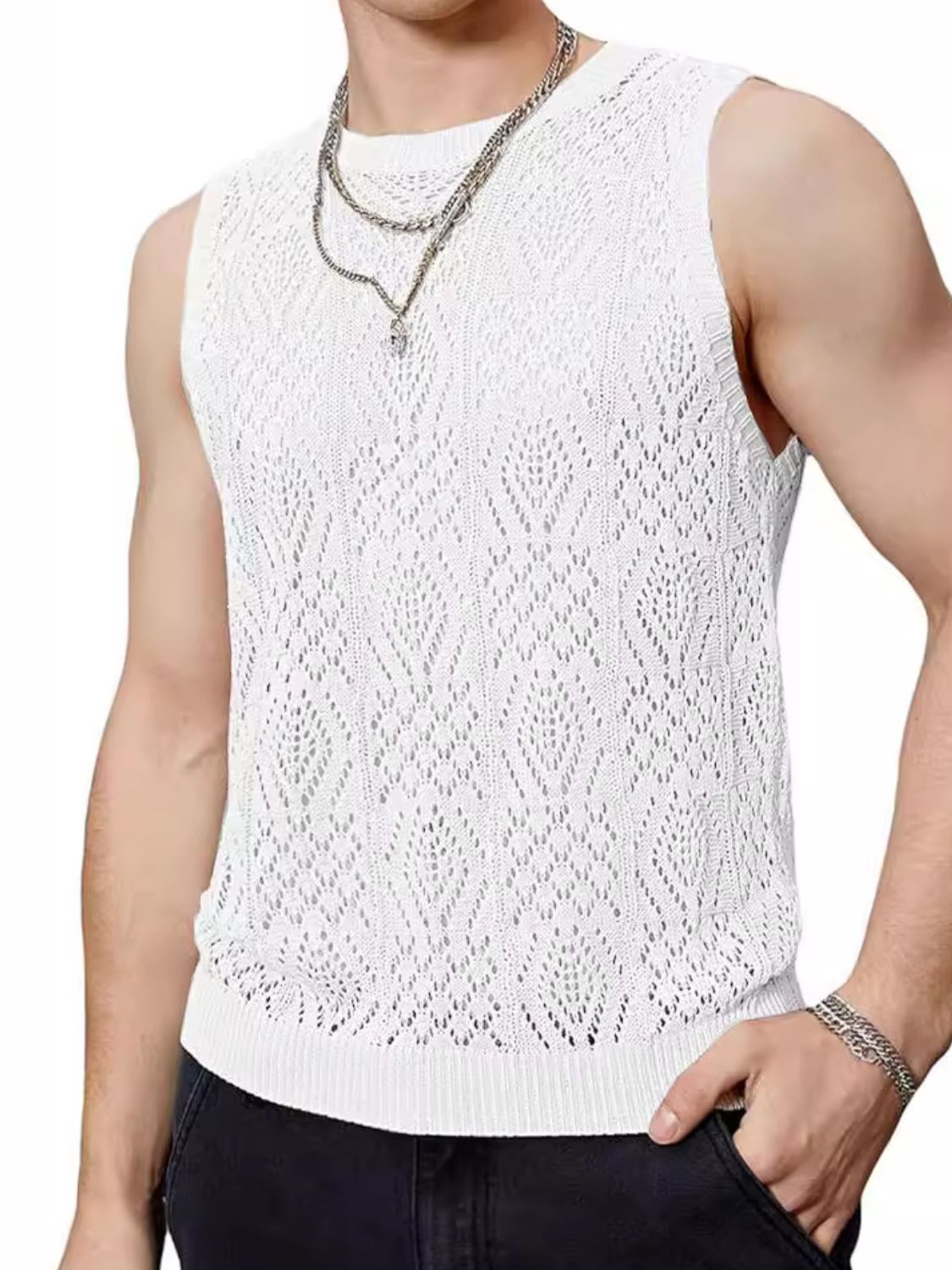 Men's Openwork Round Neck Tank - Clothes For Her Online Store