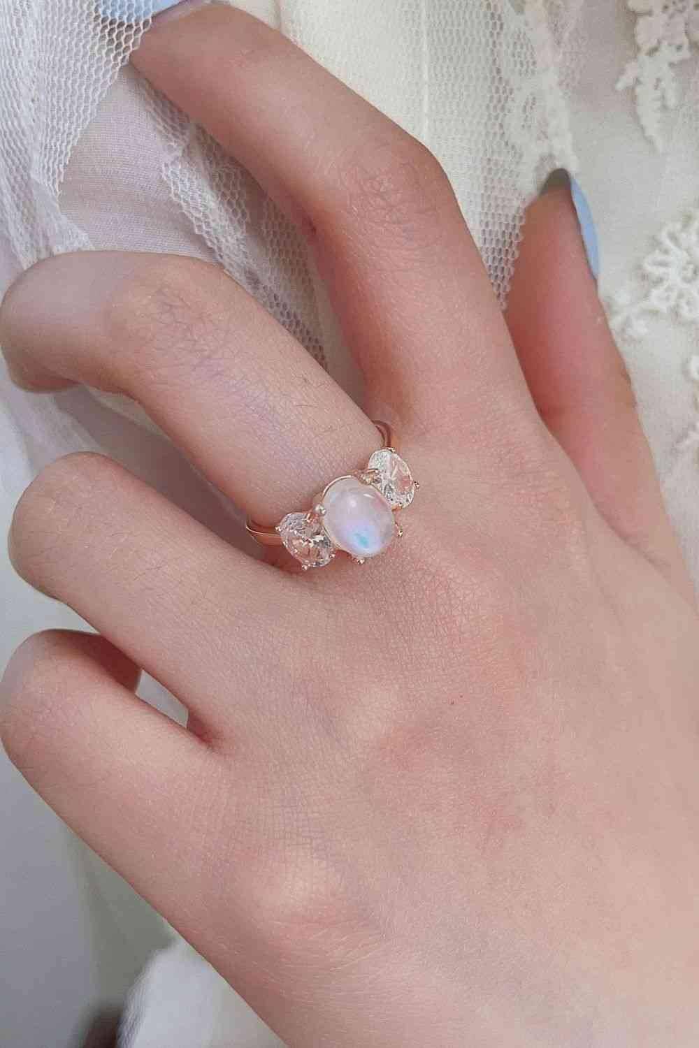 High Quality Natural Moonstone 925 Sterling Silver Three Stone Ring