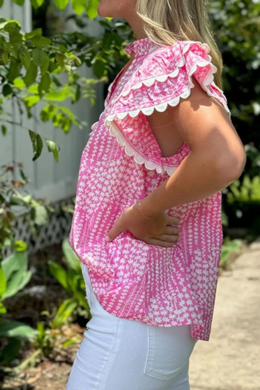 Abstract Print Ric Rac Trim Flutter Sleeve Notched Blouse