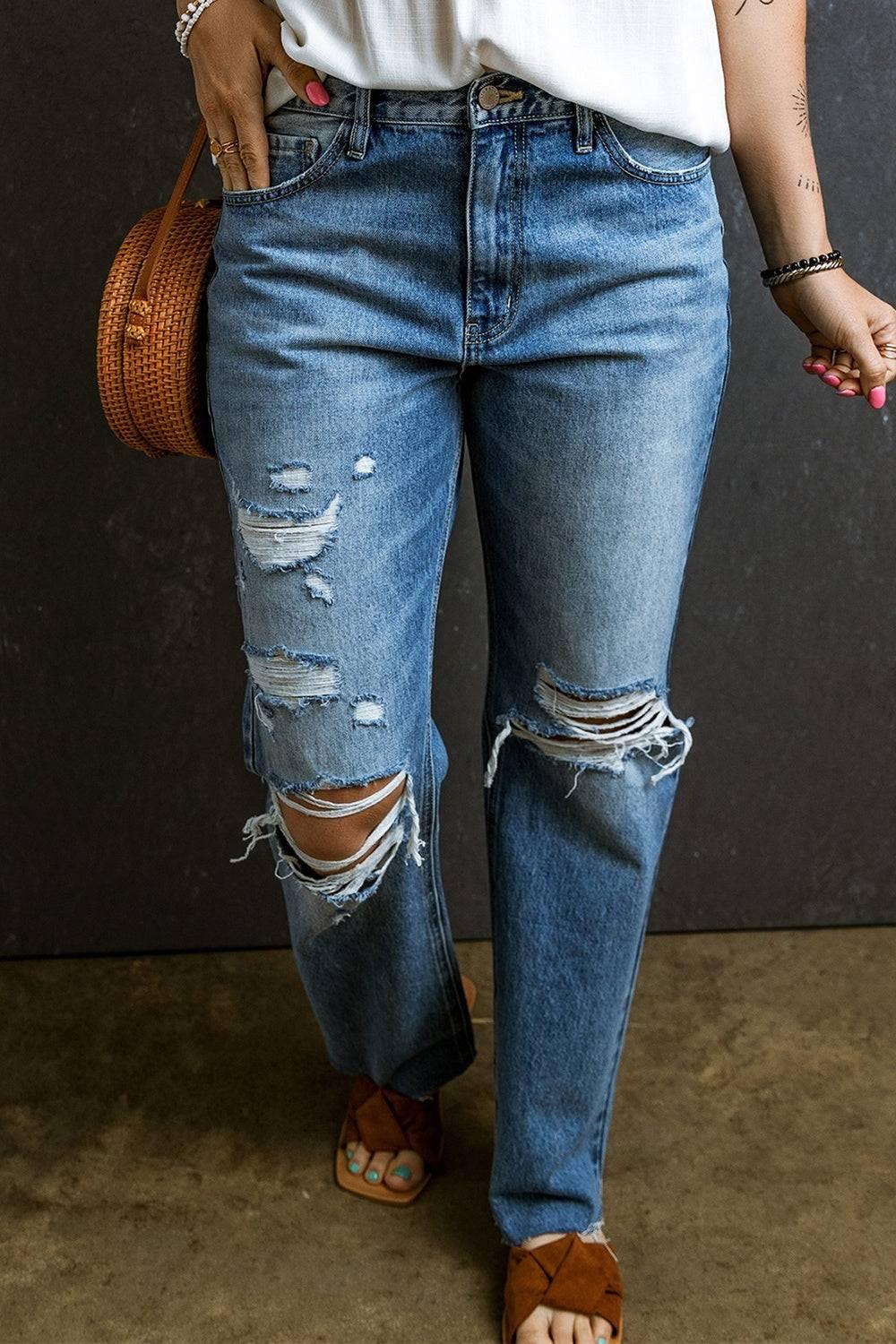 Distressed Raw Hem Jeans with Pockets - Clothes For Her Online Store