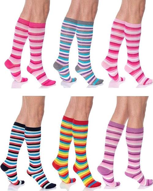 6 Pairs Women's Colorful Knee High Socks Size 9-11 Combed Cotton