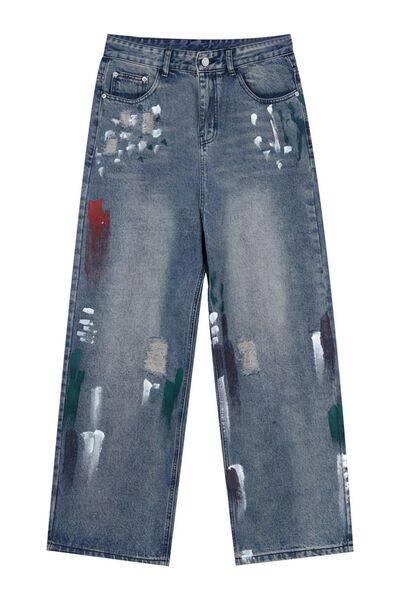 Washed Distressed Wide-Leg Jeans