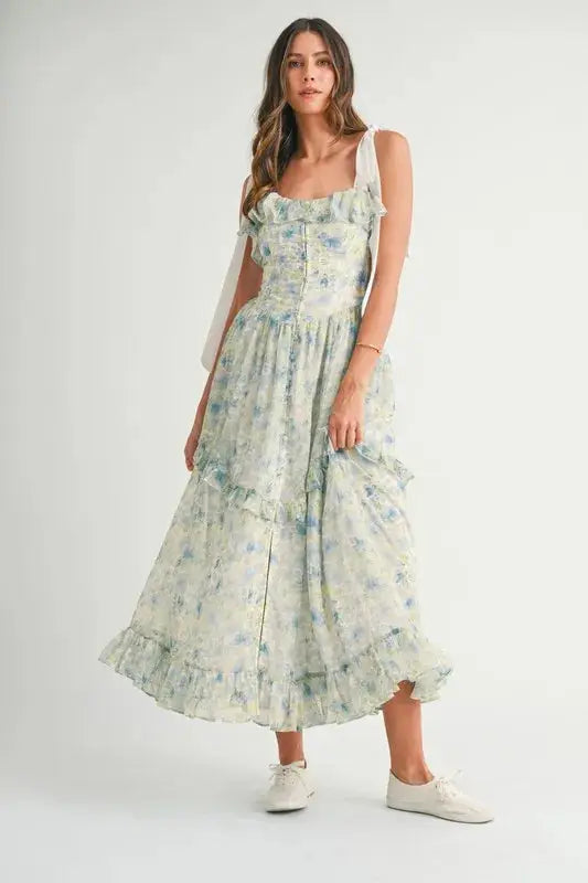 MABLE Floral Printed Shoulder Strap Midi Dress - Clothes For Her Online Store